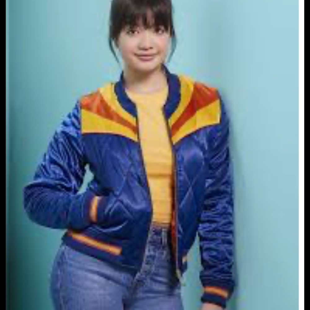Classic Rock Couture Blue Bomber Jacket with Orange and Yellow Accents - Picture 6 of 6